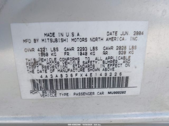 2004 MITSUBISHI GALANT 4A3AB36FX4E149226 Photo 8