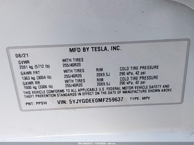 2021 TESLA MODEL Y 5YJYGDEE0MF259637 Photo 8