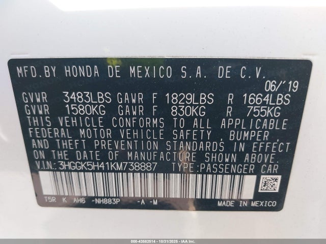 3HGGK5H41KM738887 Honda FIT LX