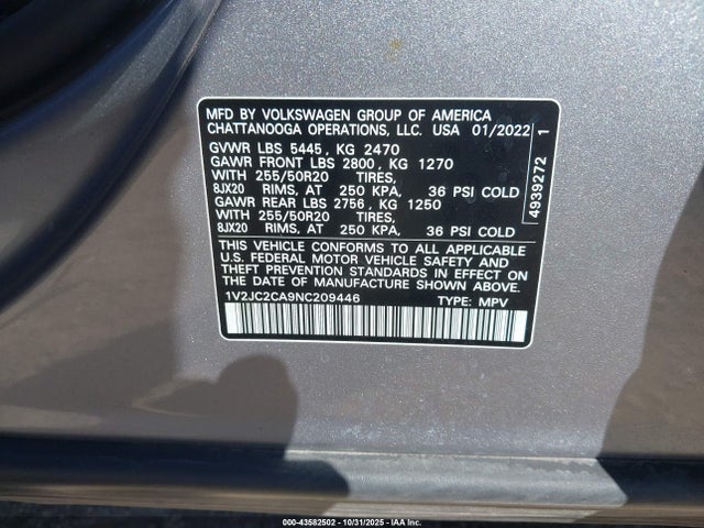 Продажа на аукционе авто 2022 Volkswagen Atlas Cross Sport 2.0t Se W/technology, vin: 1V2JC2CA9NC209446, номер лота: 43582502