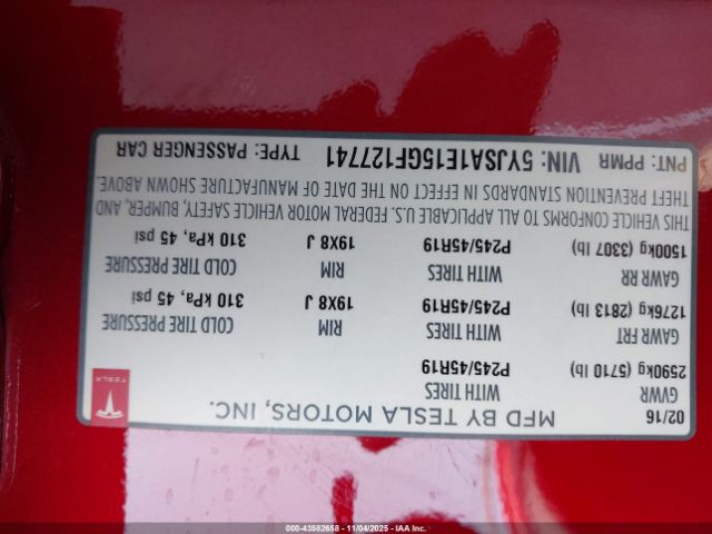 2016 TESLA MODEL S 5YJSA1E15GF127741 Photo 8