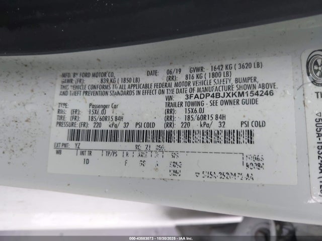 Aukcja sprzedaży 2019 Ford Fiesta Se, vin: 3FADP4BJXKM154246, numer aukcji: 43583073