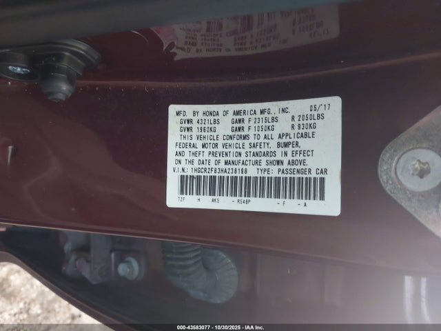 1HGCR2F83HA238198 Honda Accord Ex-l