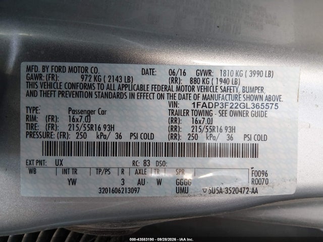 Aukcja sprzedaży 2016 Ford Focus Se, vin: 1FADP3F22GL365575, numer aukcji: 43583190