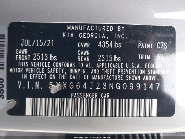 Продажа на аукционе авто 2022 Kia K5 Gt-line, vin: 5XXG64J23NG099147, номер лота: 43583253