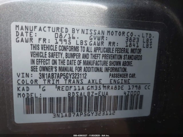 3N1AB7AP5GY323112 Nissan SENTRA S