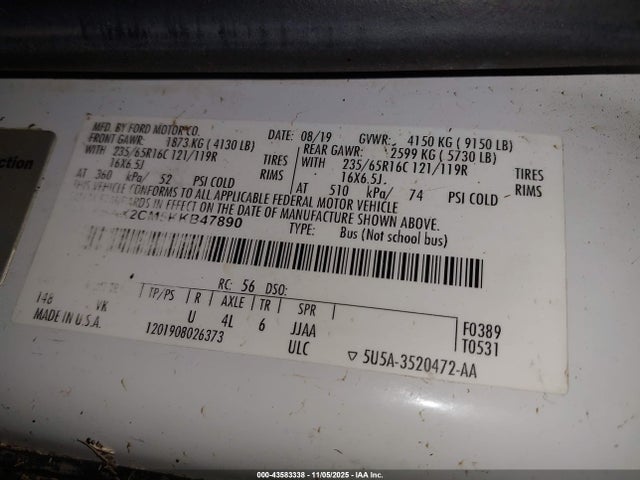 1FBAX2CM5KKB47890 Ford Transit-350 Xl