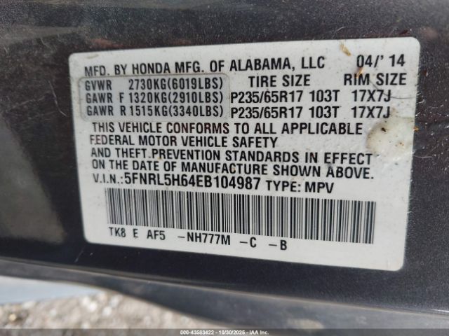 2014 HONDA ODYSSEY 5FNRL5H64EB104987 Photo 8