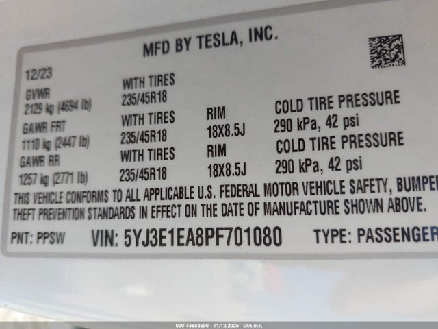 Продаж на аукціоні авто 2023 Tesla Model 3 Rear-wheel Drive, vin: 5YJ3E1EA8PF701080, номер лоту: 43583590