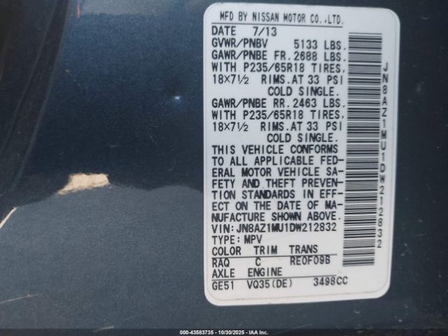 2013 NISSAN MURANO JN8AZ1MU1DW212832 Photo 8