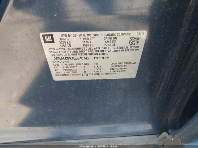 2016 CHEVROLET EQUINOX 2GNALCEK1G6348745 Photo 8