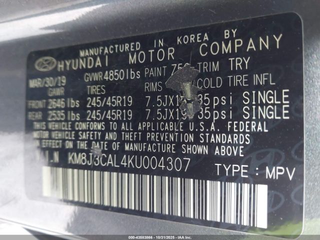 2019 HYUNDAI TUCSON KM8J3CAL4KU004307 Photo 8