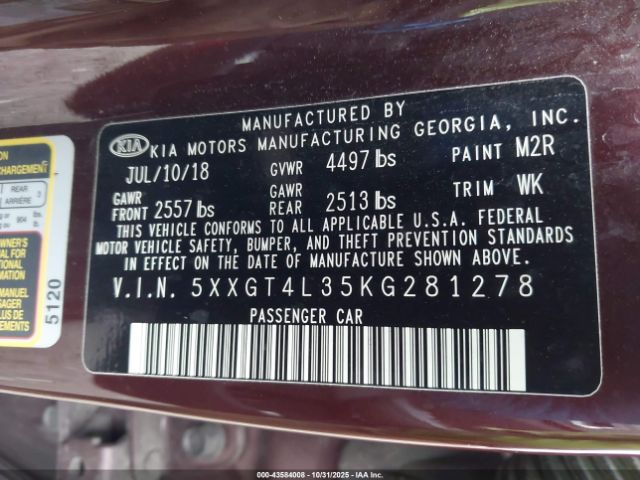 2019 KIA OPTIMA 5XXGT4L35KG281278 Photo 8