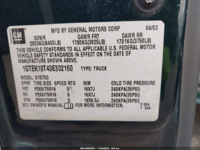 2003 GMC SIERRA 1500 1GTEK19T43E302160 Photo 8