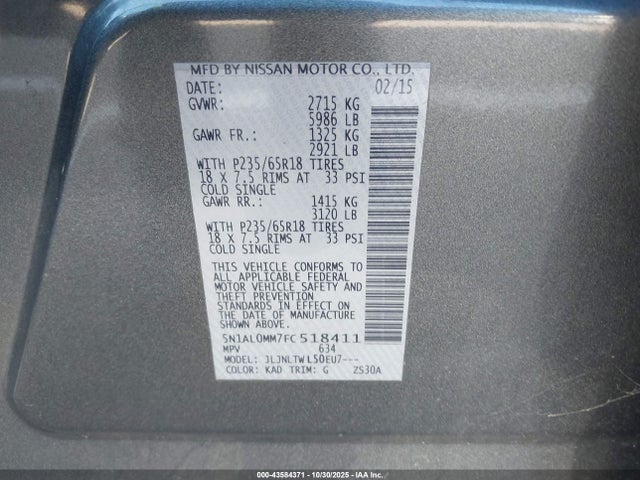 Продаж на аукціоні авто 2015 Infiniti Qx60, vin: 5N1AL0MM7FC518411, номер лоту: 43584371