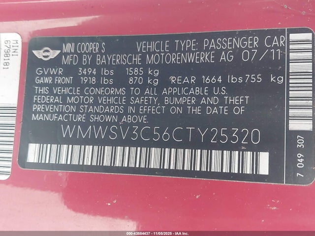 2012 MINI COOPER S WMWSV3C56CTY25320 Photo 8