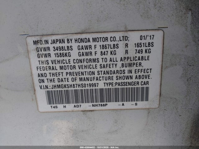 43584452 :رقم المزاد ، JHMGK5H87HS019997 vin ، 2017 Honda Fit Ex-l مزاد بيع