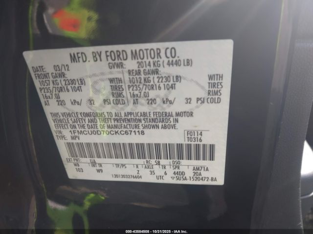 2012 FORD ESCAPE 1FMCU0D70CKC67118 Photo 8