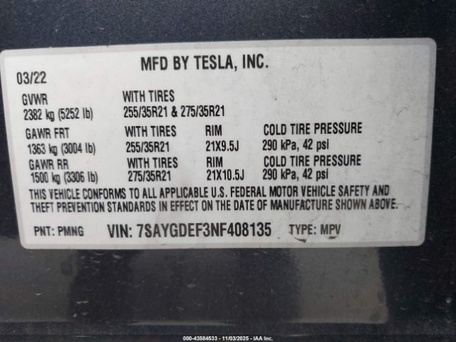 2022 TESLA MODEL Y 7SAYGDEF3NF408135 Photo 8