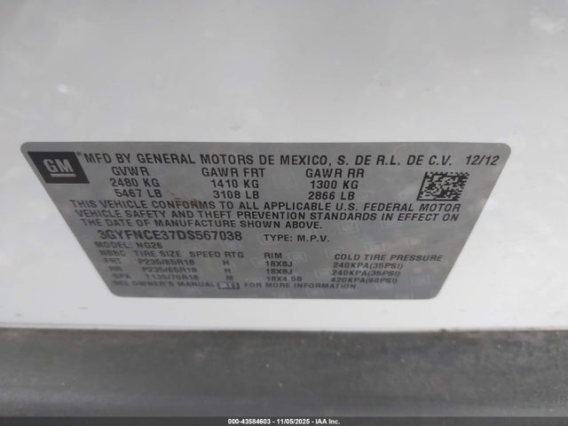 Продаж на аукціоні авто 2013 Cadillac Srx Luxury Collection, vin: 3GYFNCE37DS567038, номер лоту: 43584603