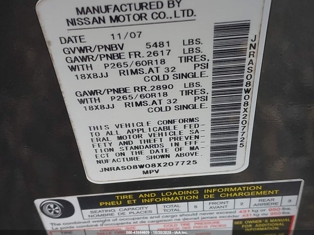 Aukcja sprzedaży 2008 Infiniti Fx35, vin: JNRAS08W08X207725, numer aukcji: 43584609