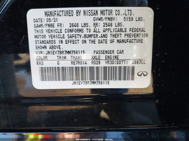 Продажа на аукционе авто 2021 Infiniti Q50 Luxe Awd, vin: JN1EV7BR7MM756115, номер лота: 43584675