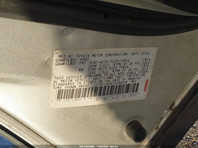Aukcja sprzedaży 2001 Lexus Rx 300, vin: JTJHF10U810206434, numer aukcji: 43584694
