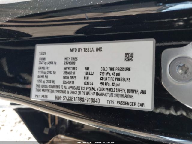 2025 TESLA MODEL 3 5YJ3E1EB8SF910840 Photo 8