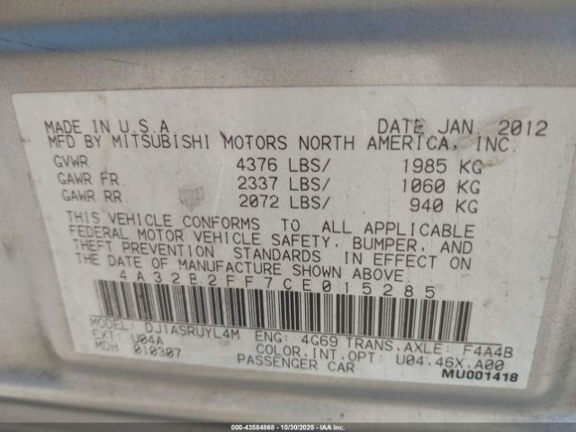 2012 MITSUBISHI GALANT 4A32B2FF7CE015285 Photo 8