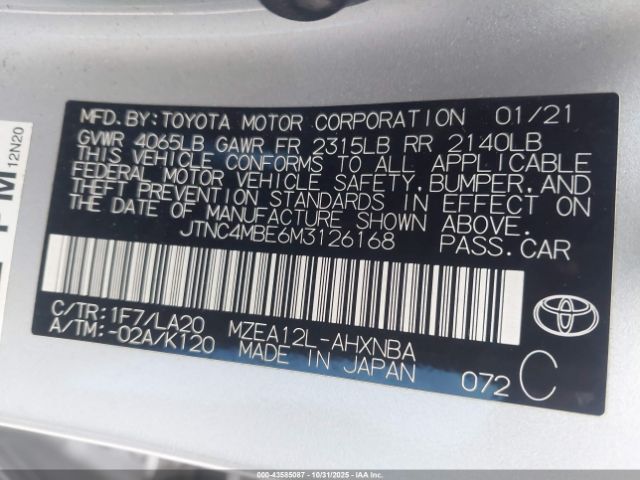 2021 TOYOTA COROLLA JTNC4MBE6M3126168 Photo 8