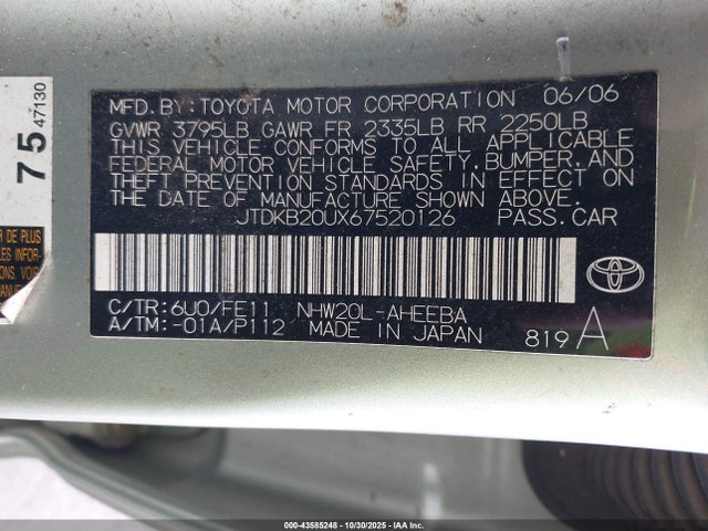 Продажа на аукционе авто 2006 Toyota Prius, vin: JTDKB20UX67520126, номер лота: 43585248