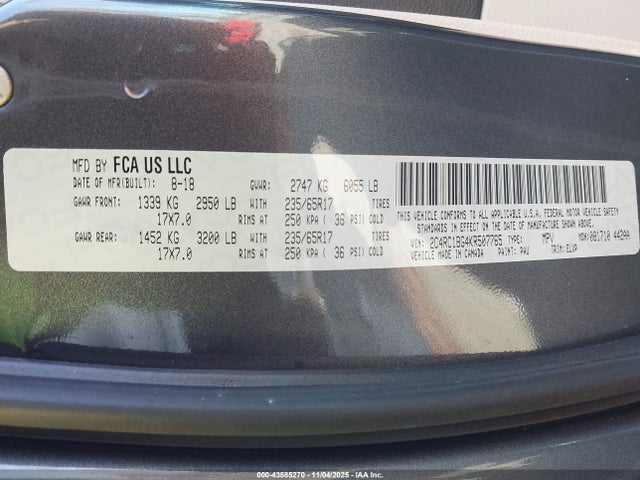 Aukcja sprzedaży 2019 Chrysler Pacifica Touring L, vin: 2C4RC1BG4KR507765, numer aukcji: 43585270
