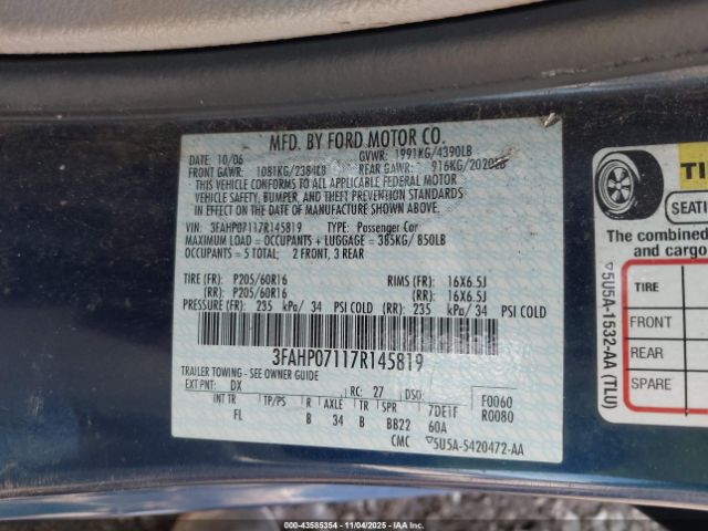 2007 FORD FUSION 3FAHP07117R145819 Photo 8