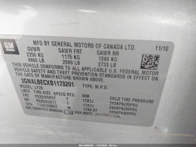 2011 CHEVROLET EQUINOX 2GNALBECXB1173291 Photo 8
