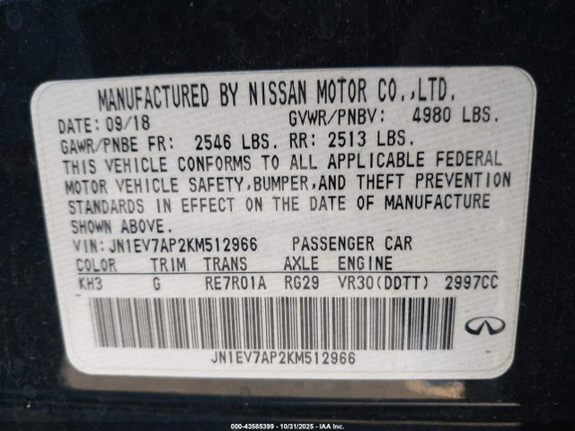 JN1EV7AP2KM512966 Infiniti Q50 3.0t Luxe