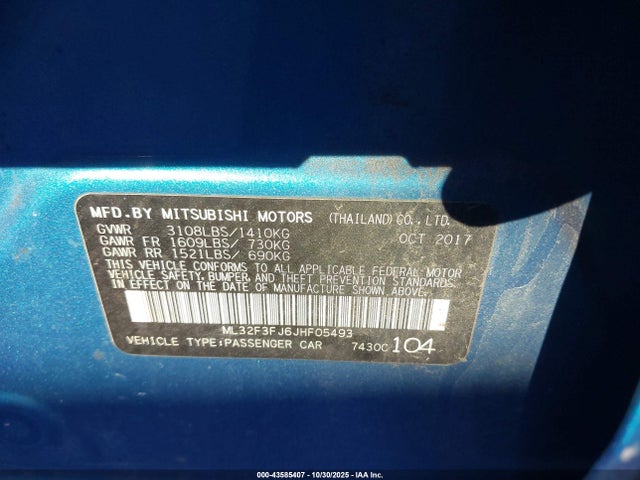 Aukcja sprzedaży 2018 Mitsubishi Mirage G4 Es, vin: ML32F3FJ6JHF05493, numer aukcji: 43585407