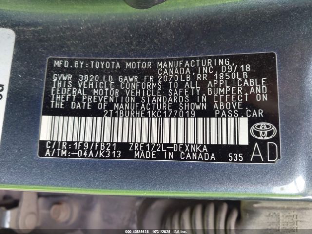 2019 TOYOTA COROLLA 2T1BURHE1KC177019 Photo 8