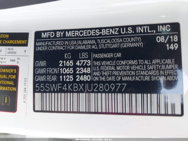 2018 Mercedes-benz C 300 4matic მანქანა იყიდება აუქციონზე, vin: 55SWF4KBXJU280977, აუქციონის ნომერი: 43585750