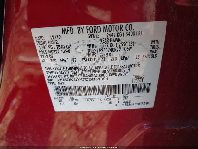Продажа на аукционе авто 2013 Ford Edge Sport, vin: 2FMDK3AK7DBB51091, номер лота: 43585754