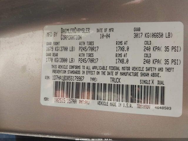 43585874 :رقم المزاد ، 1D7HA18D85S179967 vin ، 2005 Dodge Ram 1500 Slt/laramie مزاد بيع