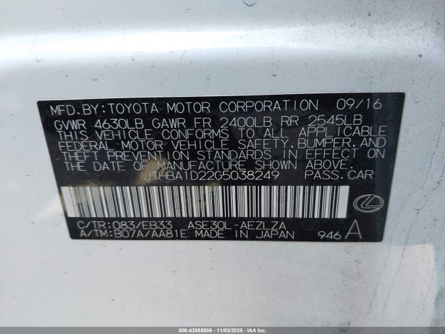 43585906 :رقم المزاد ، JTHBA1D22G5038249 vin ، 2016 Lexus Is 200t مزاد بيع