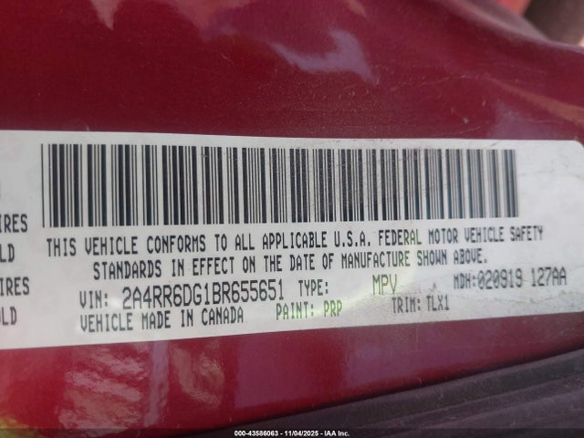 Продажа на аукционе авто 2011 Chrysler Town & Country Limited, vin: 2A4RR6DG1BR655651, номер лота: 43586063