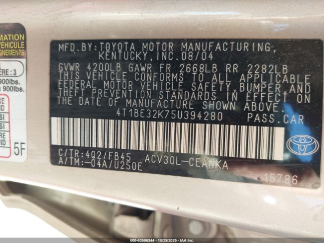 2005 TOYOTA CAMRY 4T1BE32K75U394280 Photo 8