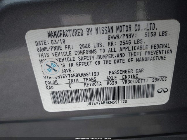 Продаж на аукціоні авто 2019 Infiniti Q50 3.0t Signature Edition, vin: JN1EV7AR9KM591120, номер лоту: 43586408