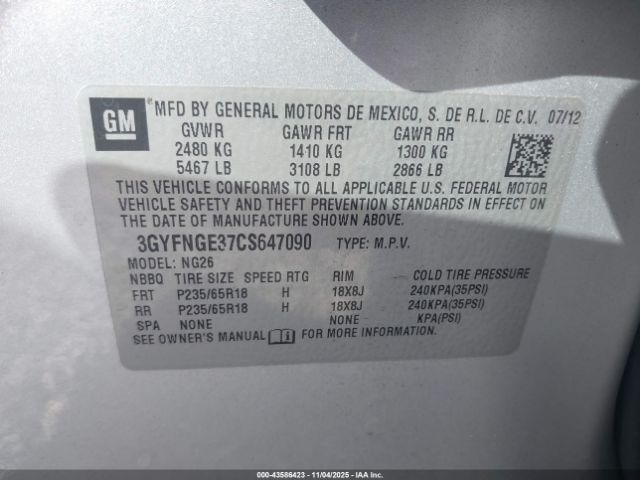 2012 CADILLAC SRX 3GYFNGE37CS647090 Photo 8