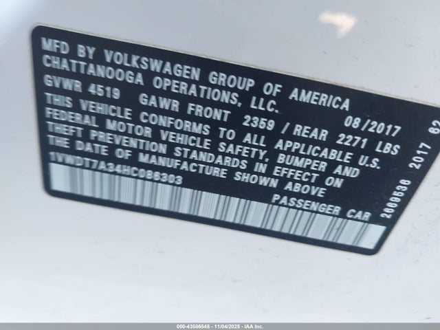 43586548 :رقم المزاد ، 1VWDT7A34HC086303 vin ، 2017 Volkswagen Passat 1.8t R-line مزاد بيع