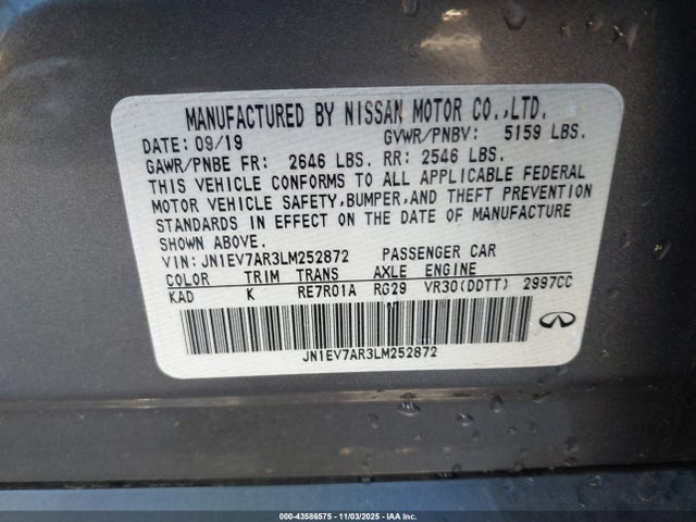 Aukcja sprzedaży 2020 Infiniti Q50 Luxe Awd, vin: JN1EV7AR3LM252872, numer aukcji: 43586575