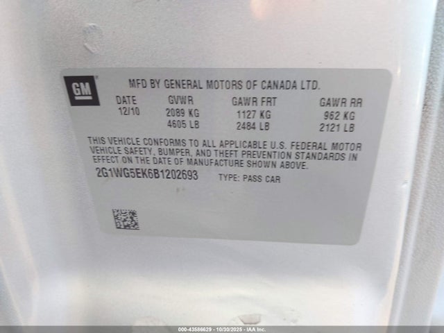 Aukcja sprzedaży 2011 Chevrolet Impala Lt, vin: 2G1WG5EK6B1202693, numer aukcji: 43586629