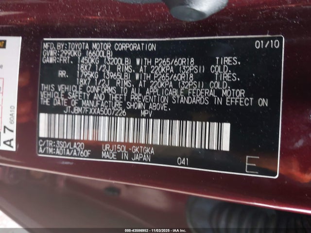 Aukcja sprzedaży 2010 Lexus Gx 460, vin: JTJBM7FXXA5007226, numer aukcji: 43586952