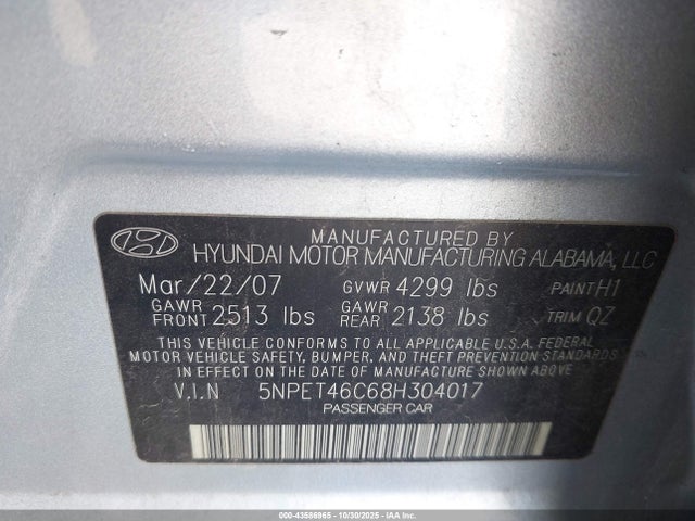 2008 Hyundai Sonata Gls მანქანა იყიდება აუქციონზე, vin: 5NPET46C68H304017, აუქციონის ნომერი: 43586965